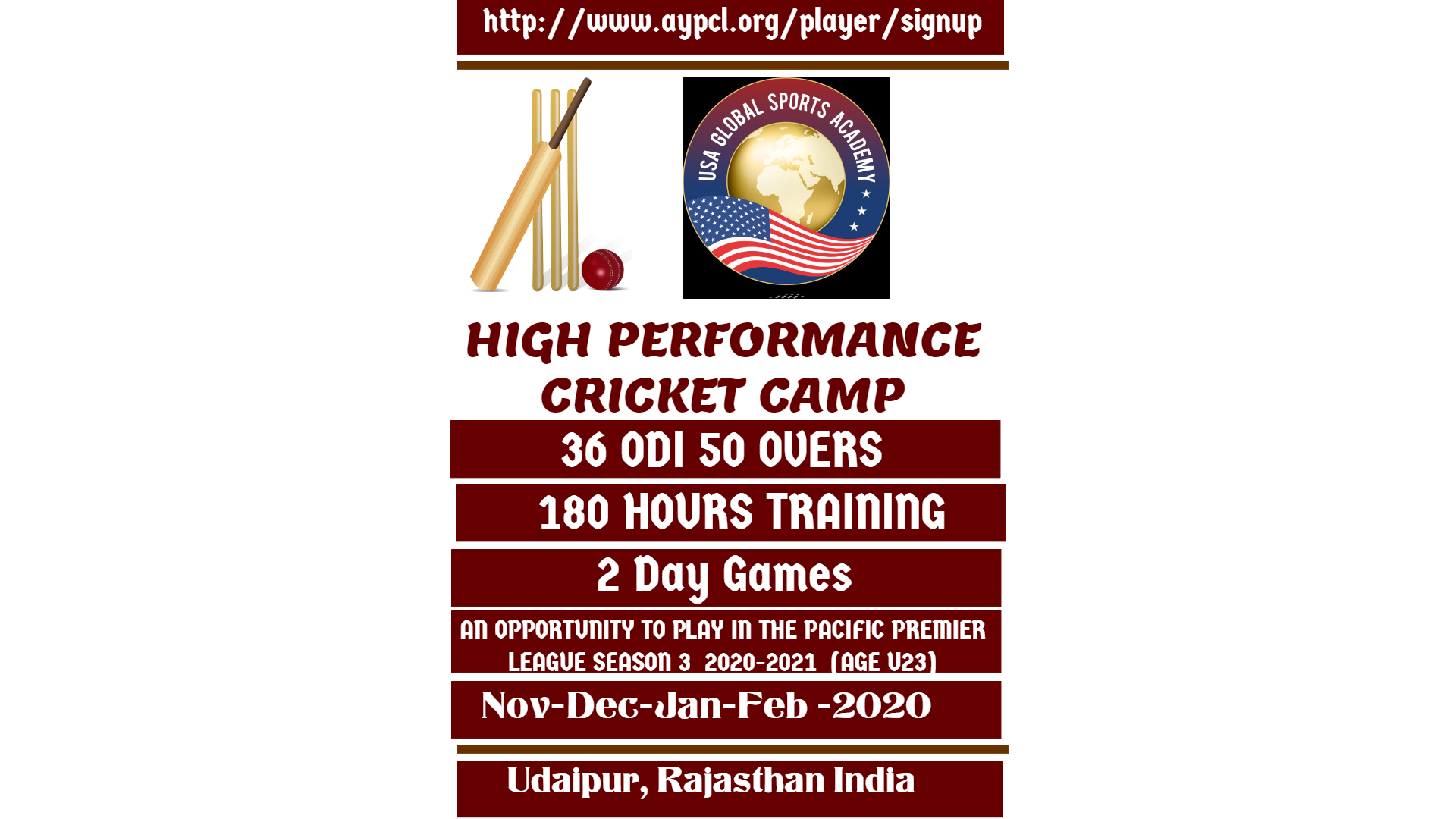 High Performance Cricket Camp includes 36 ODI & 180 Hours of On-field Training Udaipur ,India